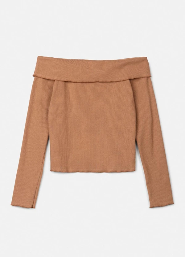 Authoria - Blusa Manga Longa Camel Ombro a Ombro Marrom