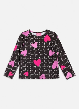 Momi - Blusa Manga Longa com Grid e Corações Preto - MOMI