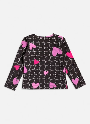 Momi - Blusa Manga Longa com Grid e Corações Preto - MOMI