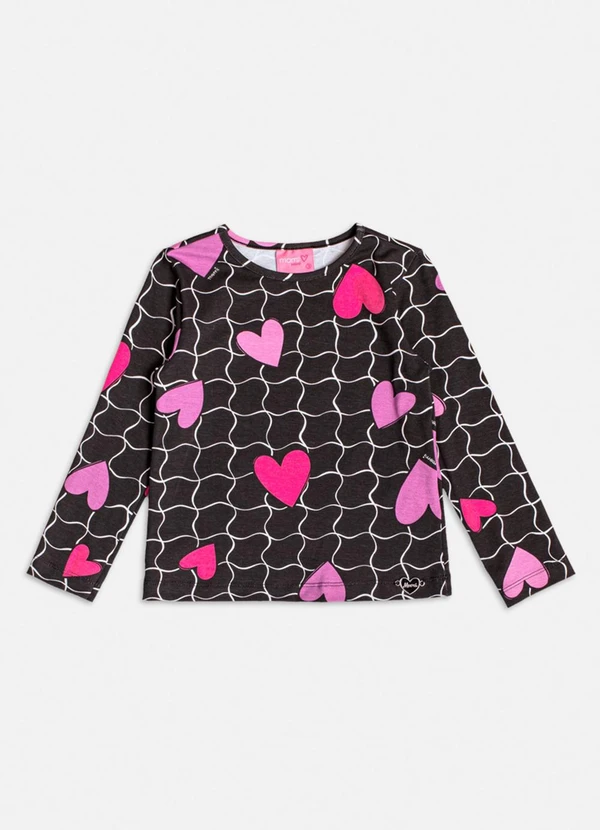 Momi - Blusa Manga Longa com Grid e Corações Preto