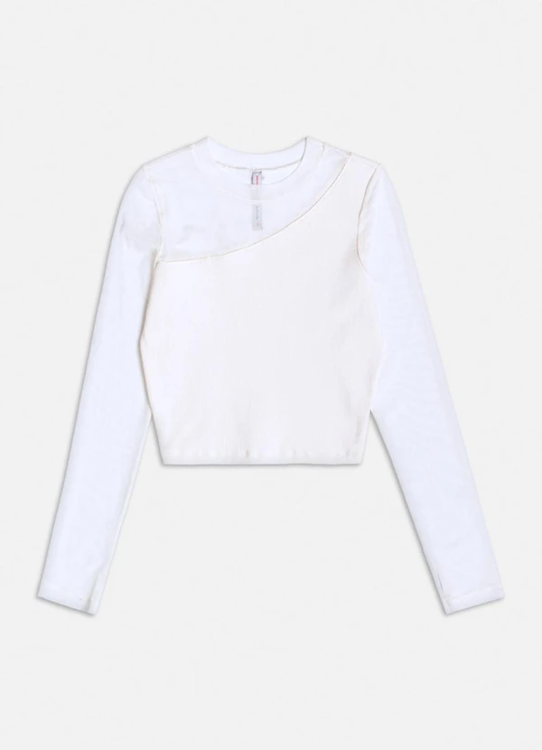 Authoria - Blusa Manga Longa de Tule com Recortes Branco