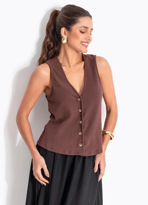 Quintess - Blusa Marrom em Malha de Algodão - QUINTESS