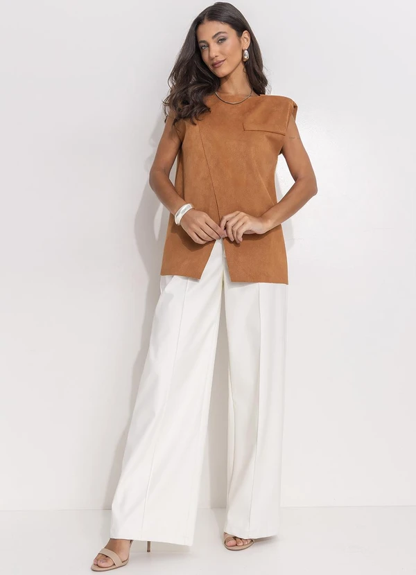 Quintess - Blusa Longa em Malha Suede Marrom com Design Assimétrico 3