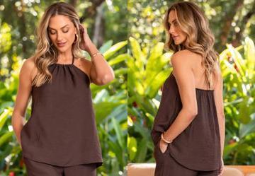 Blusa Marrom em Viscose Plana Sarjada