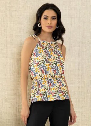 Quintess - Blusa Mini Floral com Decote Halter e Amarração - QUINTESS