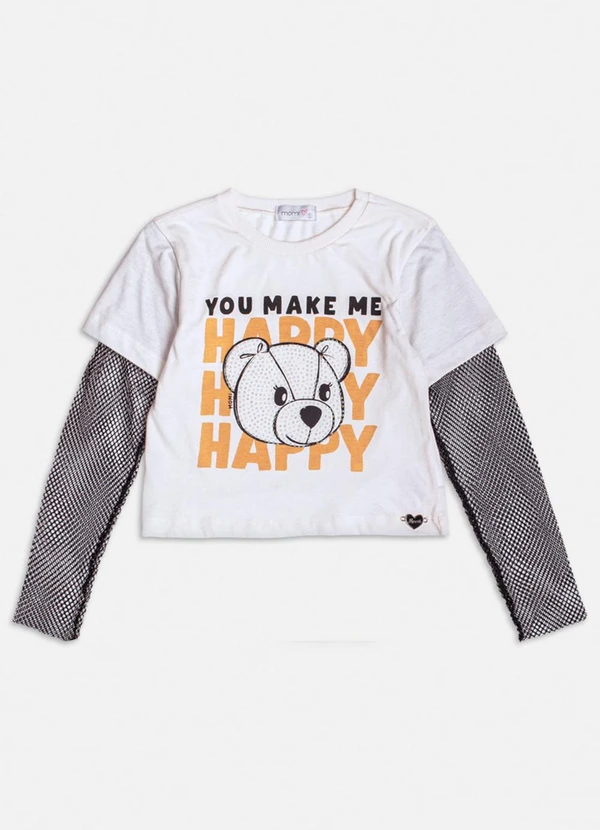 Momi - Blusa Off White de Ursinho com Strass Branco