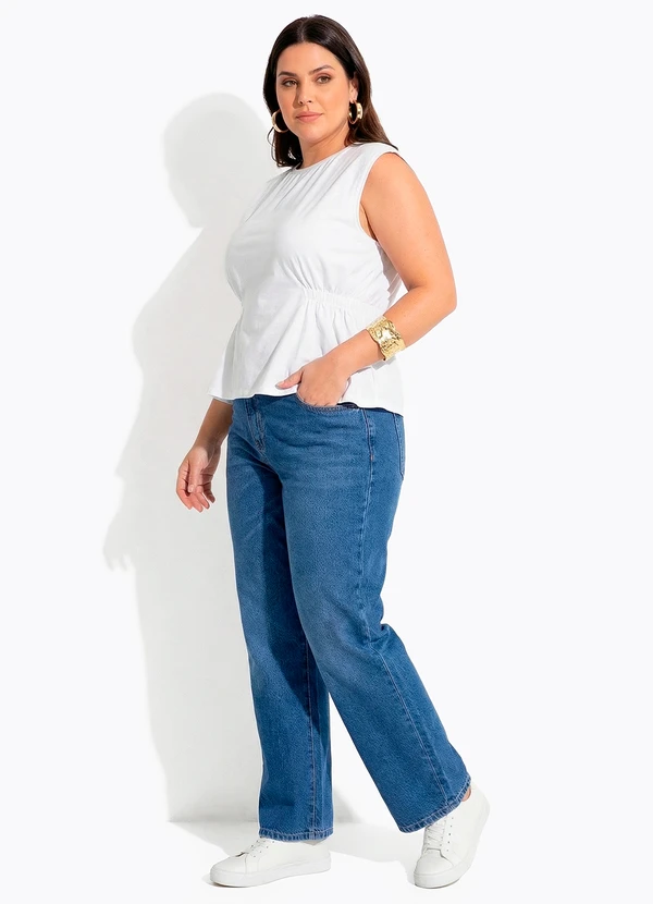 Quintess - Blusa Off White em Cotton com Franzido na Cintura e Decote Redondo 6