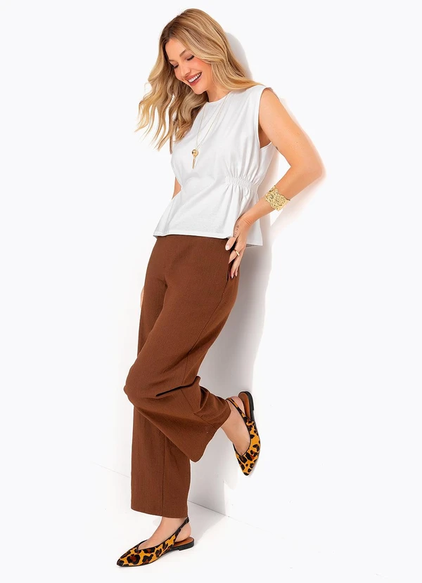 Quintess - Blusa Off White em Cotton com Franzido na Cintura e Decote Redondo 2