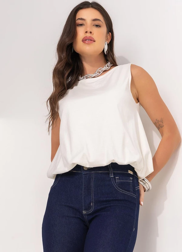 Quintess - Blusa Off White Balonê em Malha de Algodão