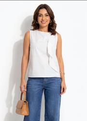 Blusa Off White em Tricoline com Babados Frontais e Elastano