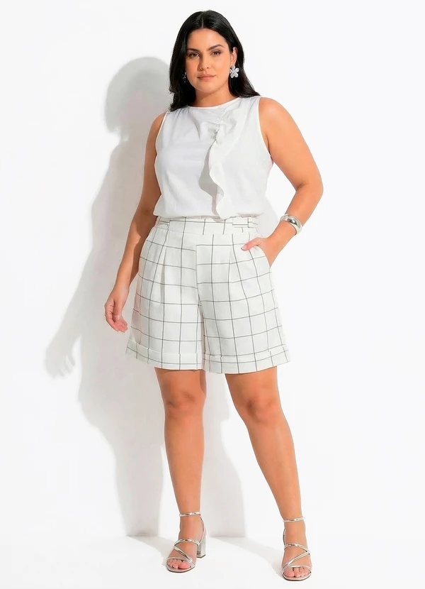 Quintess - Blusa Off White em Tricoline com Babados Frontais e Elastano 10