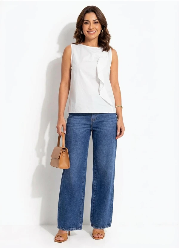 Quintess - Blusa Off White em Tricoline com Babados Frontais e Elastano 3