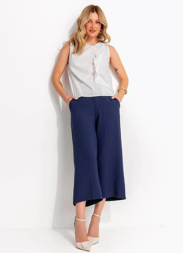 Quintess - Blusa Off White em Tricoline com Babados Frontais e Elastano 7