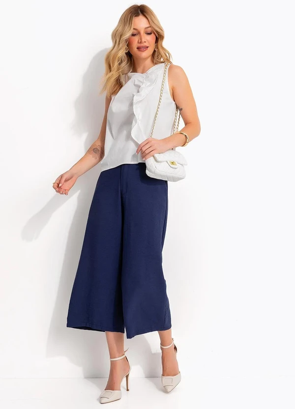 Quintess - Blusa Off White em Tricoline com Babados Frontais e Elastano 8