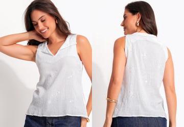 Blusa Off White em Voil Bordado Paet�