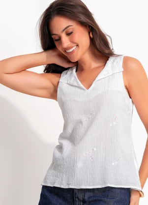 Quintess - Blusa Off White em Voil Bordado Paetê - QUINTESS