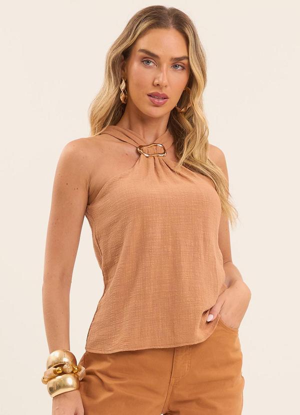 Doce Trama - Blusa Oliva em Linho Natural Marrom