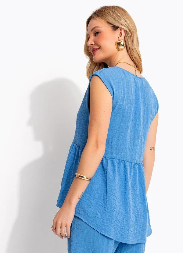 Quintess - Blusa Peplum Azul em Gaze com Decote V e Botão Frontal 5