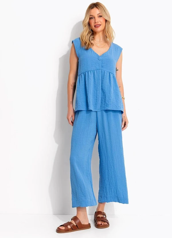 Quintess - Blusa Peplum Azul em Gaze com Decote V e Botão Frontal 4