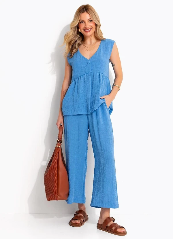 Quintess - Blusa Peplum Azul em Gaze com Decote V e Botão Frontal 3