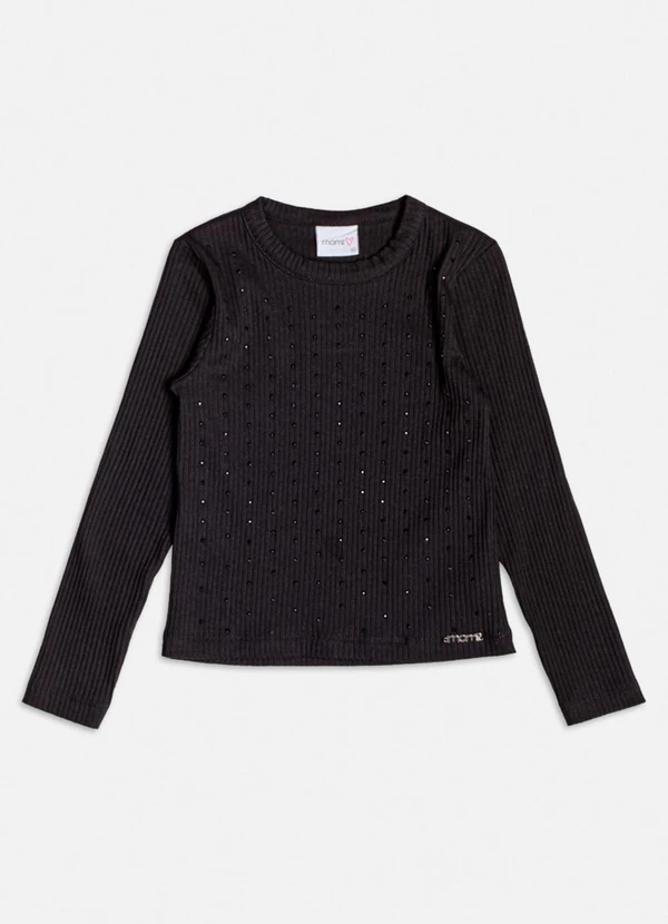 Momi - Blusa Preta Canelada com Strass Preto