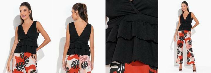 Blusa Preta com Decote V e Babados