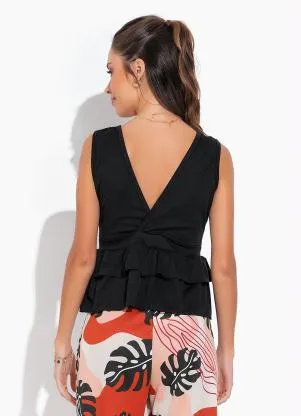 Moda Pop - Blusa Preta com Decote V e Babados - MODA POP
