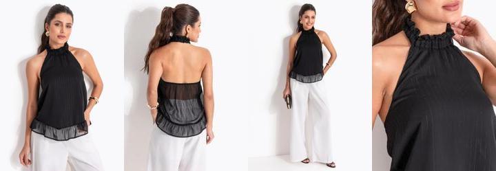 Blusa Preta em Chiffon com Fios de Lurex
