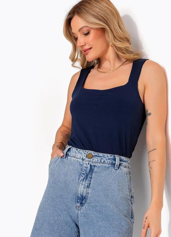 Blusa Regata Azul Marinho Decote Quadrado em Microflex Ajustada