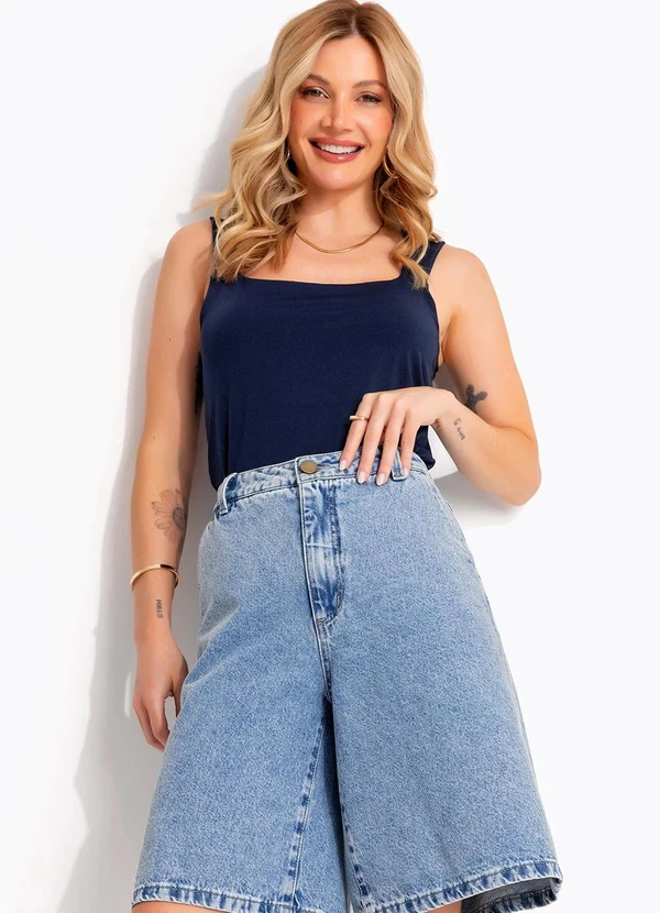 Quintess - Blusa Regata Azul Marinho Decote Quadrado em Microflex Ajustada