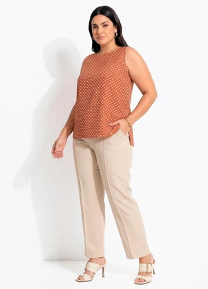 Quintess - Blusa Regata Marrom com Estampa de Poá e Fendas Laterais - QUINTESS