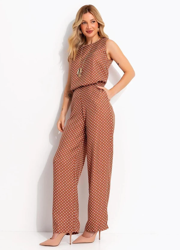 Quintess - Blusa Regata Marrom com Estampa de Poá e Fendas Laterais 14