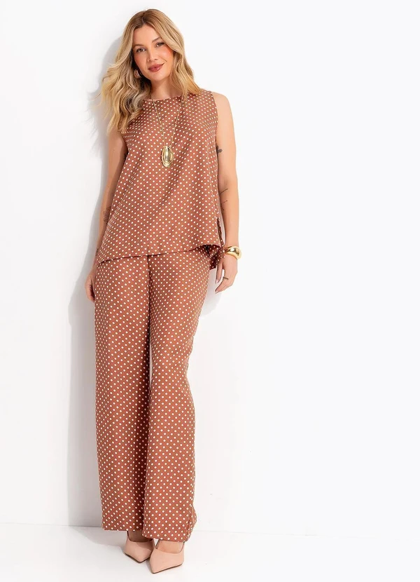 Quintess - Blusa Regata Marrom com Estampa de Poá e Fendas Laterais 17