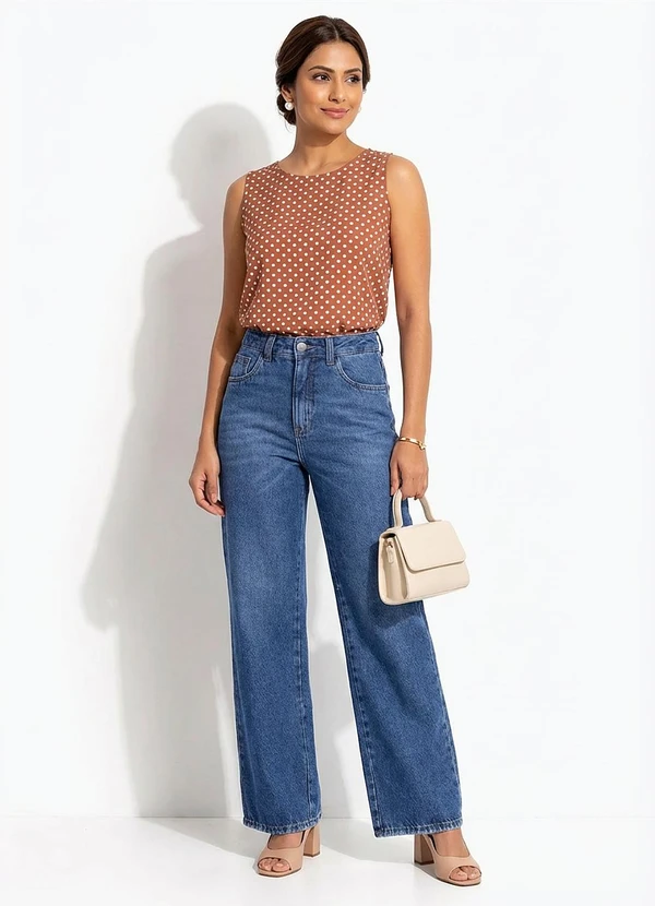 Quintess - Blusa Regata Marrom com Estampa de Poá e Fendas Laterais 3