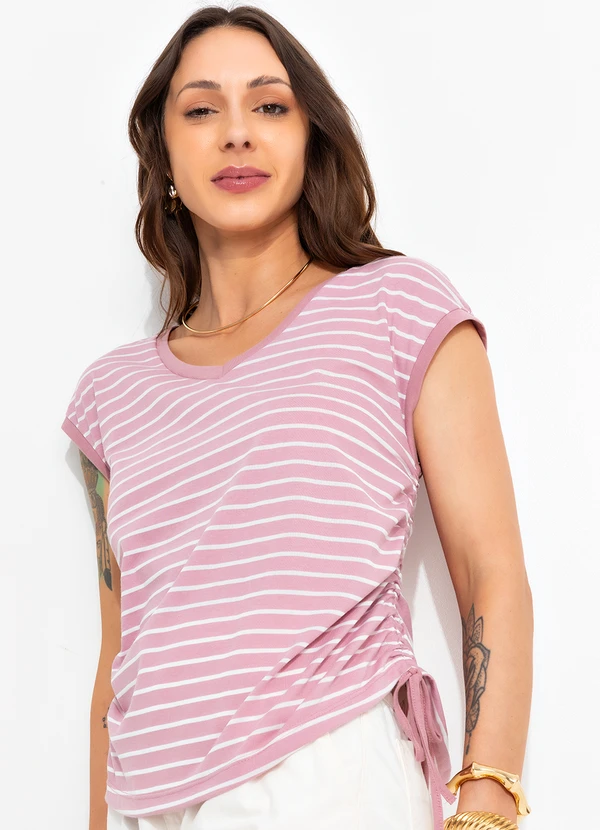 Bimini - Blusa Rosa Claro em Meia Malha Listrada 5