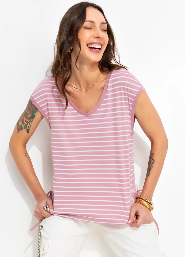 Bimini - Blusa Rosa Claro em Meia Malha Listrada 7