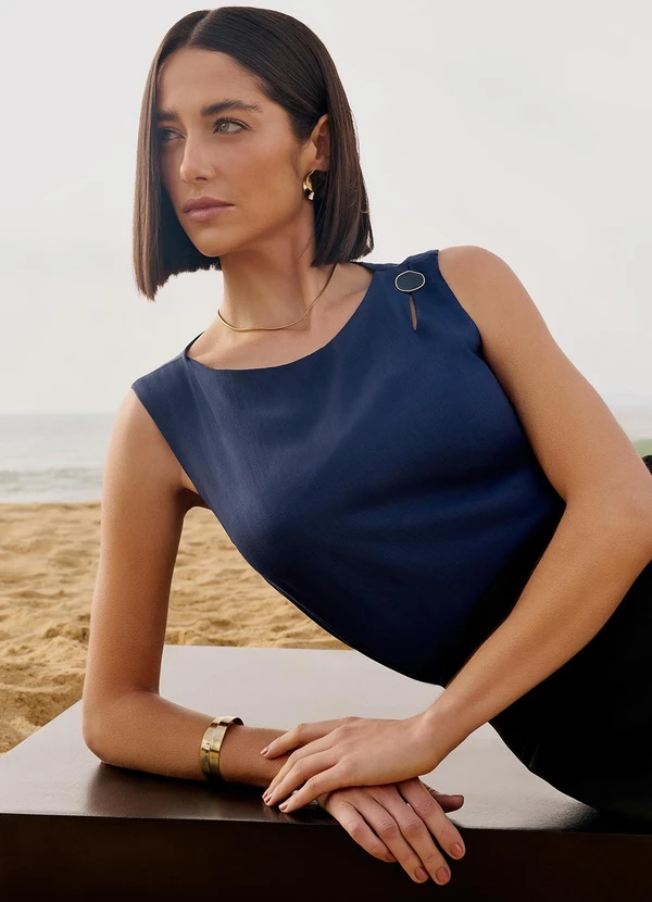 Principessa - Regata com Botão Orgânico no Ombro Azul Marinho Greicy 4