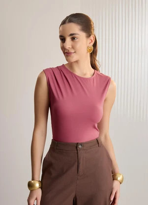 Lunender - Blusa sem Mangas com Pregas em Malha Rosa - LUNENDER