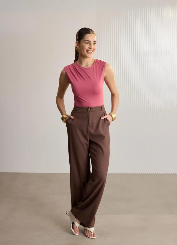 Lunender - Blusa sem Mangas com Pregas em Malha Rosa
