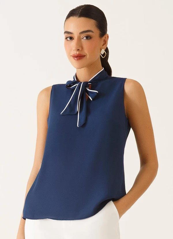 Principessa - Blusa sem Mangas Gola Alta em Crepe Marinho Lourdes