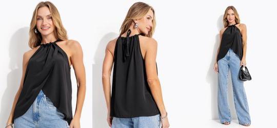 Blusa Tnica Preta em Crepe Plano