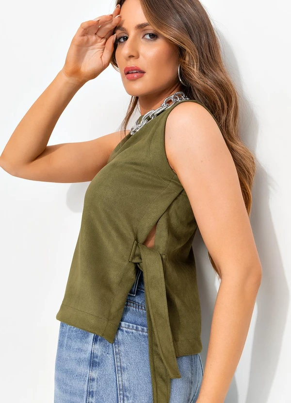 Quintess - Blusa Verde Militar em Malha Suede