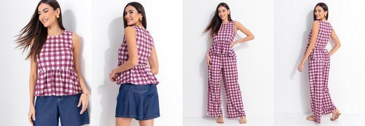 Blusa Vichy Bord� e Malha Crepe