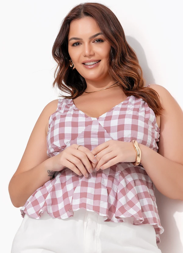 Quintess - Blusa Vichy Rose em Tecido Plano de Poliéster 5