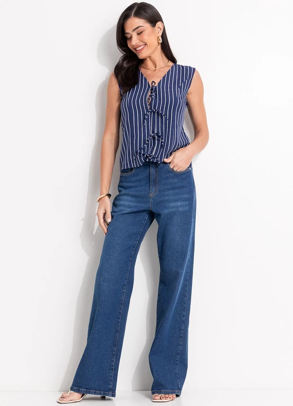 Quintess - BlusaListrado Marinho em Tecido e Poliéster 9