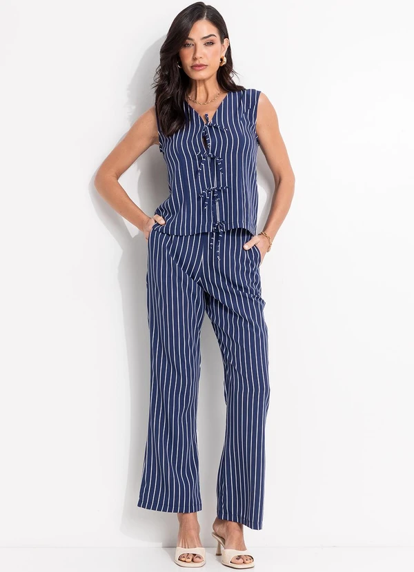 Quintess - BlusaListrado Marinho em Tecido e Poliéster 7