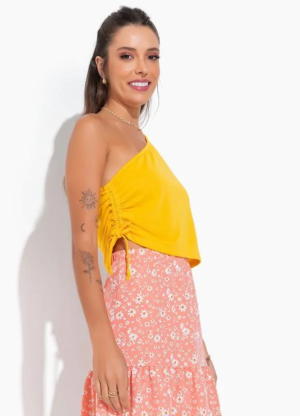 Moda Pop - Cropped Amarela com Ombro Só e Amarração