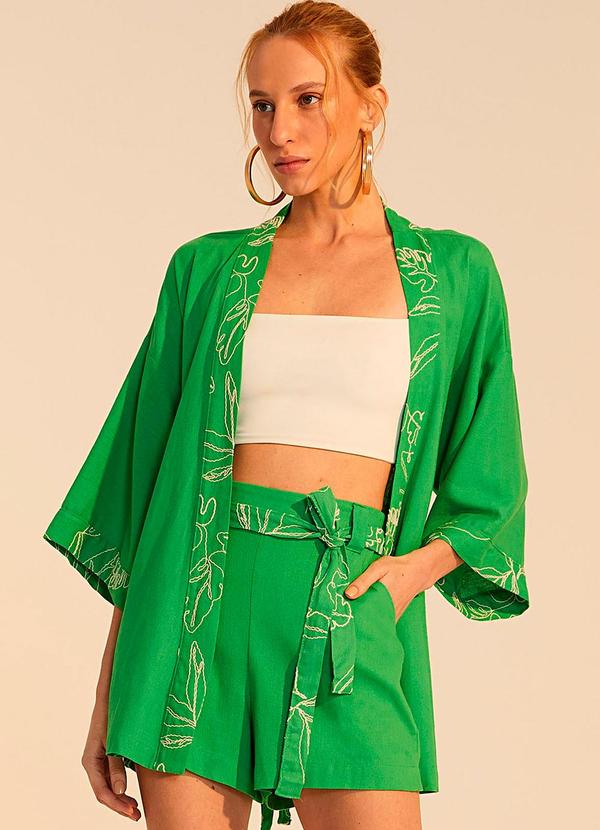 Linzzi Kimono em Blend de Linho Verde Escuro