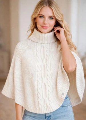 Doce Tom - Poncho Tricot Gola Alta Elegante Bege - DOCE TOM