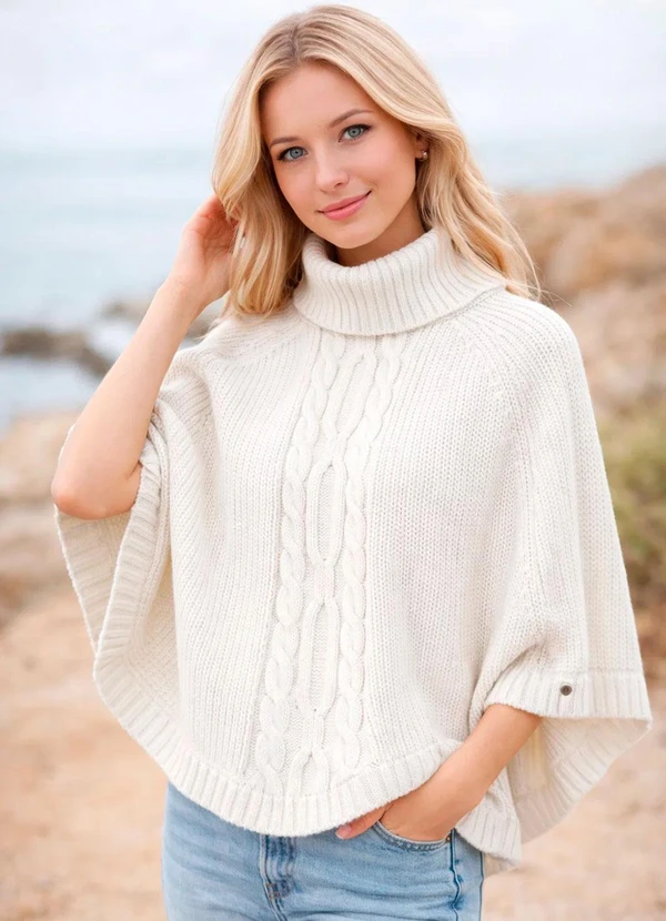 Doce Tom - Poncho Tricot Gola Alta Elegante Bege